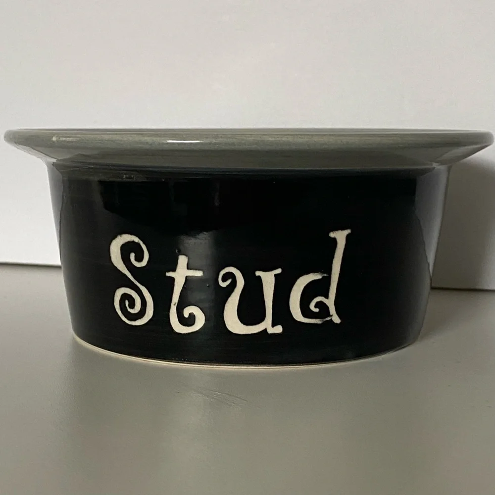 Dog Bowl “Stud” Ceramic 6” Black Gray Alco Industries 2.5” High Boy Cat Doggy